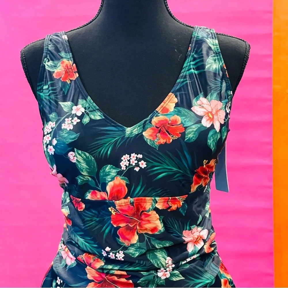 Yonique Floral Tropical Hibiscus One-Piece Swimsuit Size Large